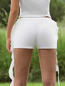 Roylia Women Lace Trim Tie Waist Solid Color Shorts - White - View 2
