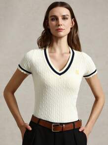 Briarwyn Blusa lavorata a maglia con scollo a V, maniche corte, contrasto di colore, con ricamo a lettera, per outfit estivi da donna, casual business