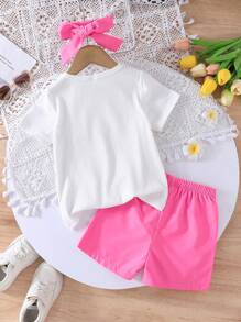 2pcs/Set Girls Young Girl Colorful Floral Print Round Neck Short Sleeve T-Shirt And Shorts Set, Spring/Summer - Hot Pink - View 2