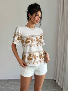 SHEIN LUNE Camicia da donna con stampa posizionata e testurizzata, ricamata
