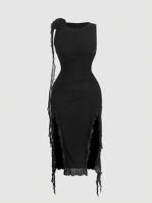 SHEIN MOD Plus Size Black Floral Print Asymmetrical Hem Bodycon Dress,Sleeveless Women Maxi Summer 70's Night Out Club Party Cocktail Formal New Arrivals - Black - View 1