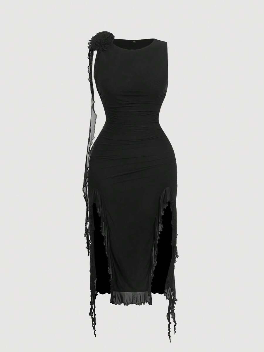 SHEIN MOD Plus Size Black Floral Print Asymmetrical Hem Bodycon Dress,Sleeveless Women Maxi Summer 70's Night Out Club Party Cocktail Formal New Arrivals - Black - View 1