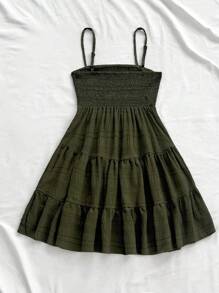 Soleia 女性夏季純色綁頸褶邊休閒坦克裙 - 軍綠色 - 查看 2