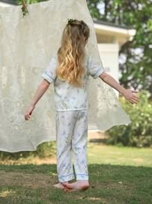 2pcs/Set Young Girl' Soft, Smooth Fabric Casual Outfit - Blue Floral Collar, Cuffs & Hem Detail Short Sleeve Cardigan With Matching Straight Leg Pants, Homewear Set Kids Sleepwear Pj Set For Kids Button Down Pajama Set Sleeping Clothes For Kids Kids Summer Pajamas - Apricot - View 2