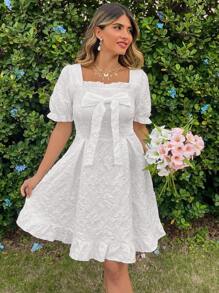 SHEIN VCAY 大码女式花卉提花蝴蝶结装饰优雅连衣裙，适合派对、舞会、早午餐等场合，也可作为度假或毕业礼服。 - 白色 - 查看 6