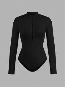 SHEIN EZwear 2pcs Women Zip-Up High Neck Tight Bodysuit Set, Casual Long Sleeve Fall Clothes - Multicolor - View 3
