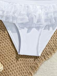 SHEIN Young Girl Solid Color Ruffle Trim Swimsuit Set - White - View 4