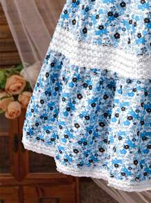 1pc Tween Girls Ruffle Trim Ditsy Floral Patchwork Crochet Hem Vacation Dress - Blue - View 6