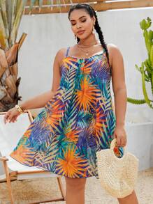 Swim Lushoire Plus Size Women Tropical Plant Print Slip Dress Coverup For Summer Beach Vacation