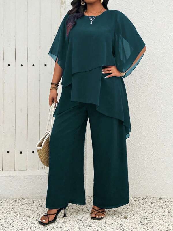 EMERY ROSE Completo casual da 2 pezzi in taglie forti, composto da una blusa in chiffon con maniche a volant asimmetrica e incrocio frontale, abbinata a pantaloni a gamba ampia in chiffon a strati, adatto per lavoro e vacanza