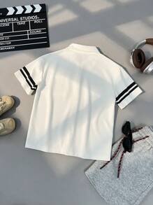 SHEIN Big Boy Black And White Checkered Short Sleeve Shirt, Summer Casual School Back-To-School, Outdoor Style Webbing Design Moisture Wicking Textured Top - White - View 9