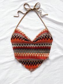 Soleia Geo Print Tie Backless Hanky Hem Halter Top