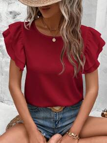 SHEIN Clasi Plus Size Women's Solid Color Crew Neck Ruffle Sleeve Casual Blouse - Burgundy - View 1