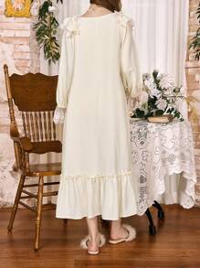 Côtesoire Lace Bubble Ruffle Women's Square Neck Long Sleeve Elegant Nightgown Babydoll Holiday Season - Baby Pink - View 2