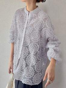 FRIFUL Blusa de mujer de tela transparente y floral de estilo casual y suelto para vacaciones, de manga larga. Ropa de mujer para otoño - Morado - Ver 3