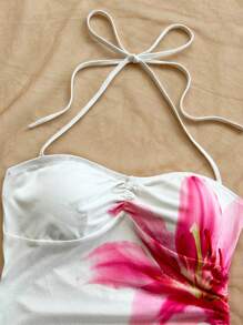 Soleia 女士度假白色粉色花卉浪漫印花不对称下摆吊带蝴蝶结紧身连衣裙，适合海滩、西部、节日、夏季服装、波西米亚风、女士夏季连衣裙 - 白色 - 查看 3