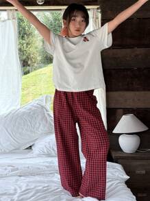 Dazy Kids 2pcs/Set Tween Girls Round Neck Knit Bear Embroidered Short Sleeve Top + Woven Plaid Pants Casual Outfit, Spring/Summer,Back To School Clothes