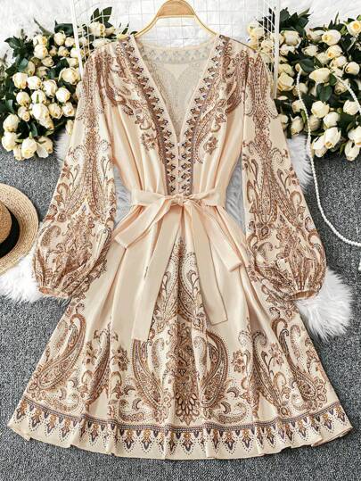 Franclia Vestido elegante de vacaciones para mujer con mangas farol y estampado floral