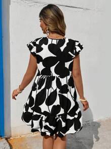 SHEIN VCAY Plus Size Floral Print Casual Vacation Dress - Black and White - View 2