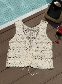 Comfortcana Plus Size Vacation Casual Solid Color Hollow Out Knit Vest - Beige - View 4