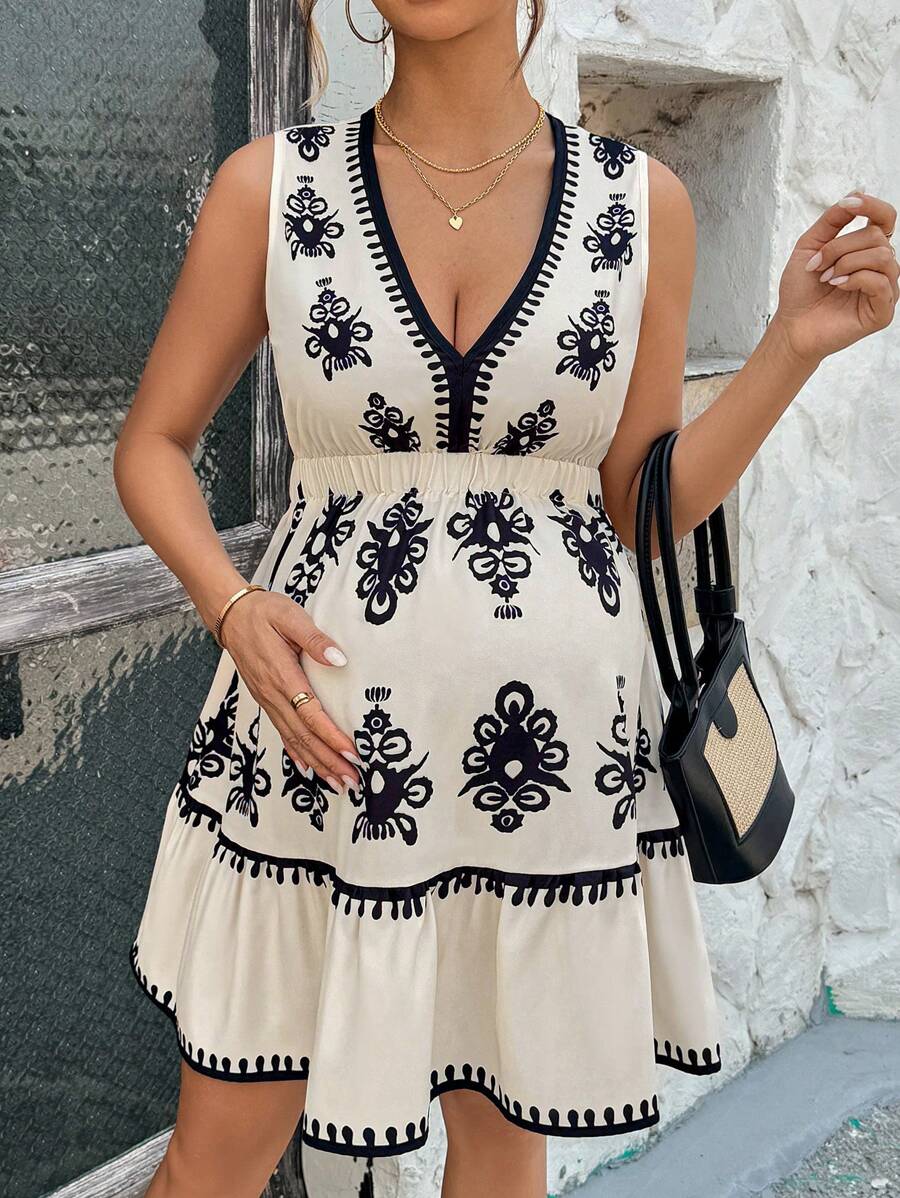Boho Mama 波西米亞風性感休閒優雅孕婦迷你洋裝，無袖V領梭織黑白花卉印花，適合夏季拍照、孕期穿著、婚禮賓客 - 彩色 - 查看 1