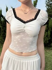 SHEIN EZwear Women's Elegant Colorblock Lace Patchwork T-Shirt, Summer - White - View 4