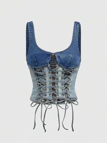 ROMWE Grunge Punk Atasan Crop Denim Seksi Gaya Y2K dengan Blok Warna dan Tali Pengikat - Biru - View 1