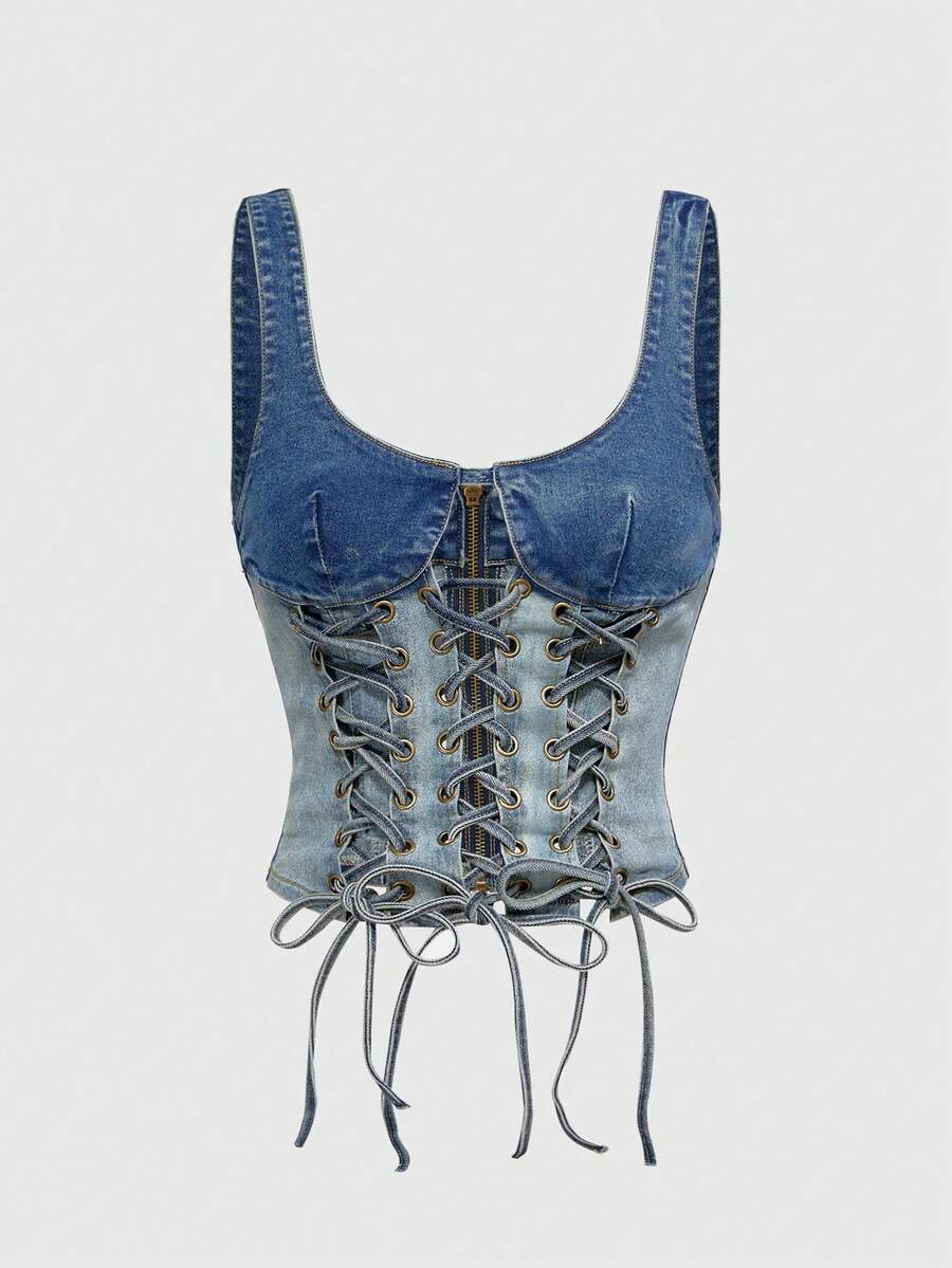 ROMWE Grunge Punk Atasan Crop Denim Seksi Gaya Y2K dengan Blok Warna dan Tali Pengikat - Biru - View 1