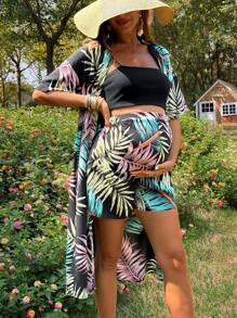 SHEIN 2pcs Suit: Vacation Style Floral Print Chiffon Blouse Short Sleeve Top And High Waist Shorts For Maternity In Summer - Black - View 3