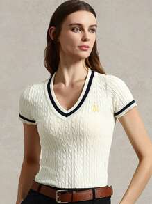 Briarwyn Blusa lavorata a maglia con scollo a V, maniche corte, contrasto di colore, con ricamo a lettera, per outfit estivi da donna, casual business