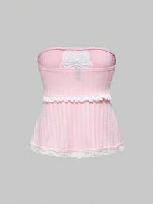 ROMWE Kawaii Parte superior tipo camisola con cuello halter, encaje bordado y lazo de conejito estilo Lolita Kawaii para mujer