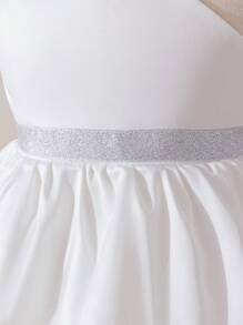 SHEIN Glamorique Kids Baby Girl Flower Girl Removable Big Bow Shoulder Wedding Dress, Elegant Mesh Dress Suitable For Wedding, Festivals, Parties, Summer Baby Dress Girl Wedding Princess Dress For Girls Baby Girls Dresses Baby Elegant Dress Baby Girl Dress Wedding