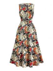 SHEIN Clasi Plus Size Bohemian Style V-Neck Floral Print Dress For Women - Black - View 2