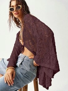 Plus Size Women Solid Color Long Sleeve Front Tie Hollow Out Loose Cardigan - Burgundy - View 6