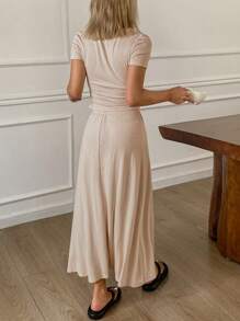 DAZY Simple V-Neck Knit Top & A-Line Skirt Ladies' Lounge Wear Set - Beige - View 2