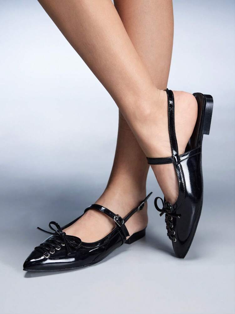 CUCCOO GRLICON Women's Summer New Arrival Criss-Cross Strap Shoes, Cutout Design Pointed Toe Flats, Y2K Fashion Punk Street Style Black Patent Leather Slip-On Sandals, Fashion Blogger Music Festival Mary Janes