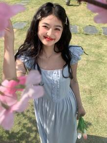 DAZY Women's Solid Color Casual Cap Sleeve Mid-Length Dress - Baby Blue - View 5