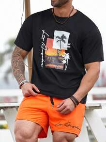 Manfinity RSRT Conjunto de 2 piezas para hombres talla grande con camiseta de manga corta con estampado de letra y pantalones cortos con cordón en la cintura, conjunto casual de verano
