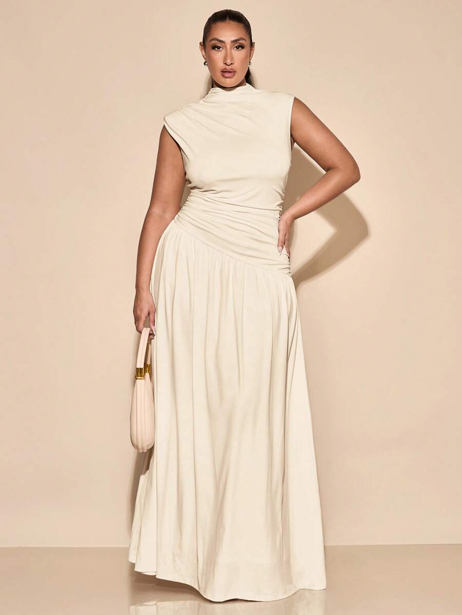 SHEIN BAE 大码女式优雅无袖褶皱连衣裙，春夏无袖高领纯白色不对称褶皱超长连衣裙，适合秋冬季作为汗衫、法式连衣裙、晚礼服、生日礼服、伴娘礼服、简约日常优雅连衣裙