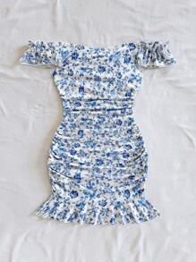 Soleia 女士休闲露肩褶饰碎花迷你连衣裙，适合度假穿着，夏季女士连衣裙 - 藍白色 - 查看 2