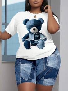 Slaydiva 2 pezzi Set da donna casual e carino composto da maglietta a maniche corte con stampa grafica di orsetto in effetto jeans e pantaloncini stampati, per l'estate