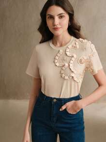 Anewsta 女款白色 3D 花卉弹力圆领短袖 T 恤图案 T 恤女式上衣