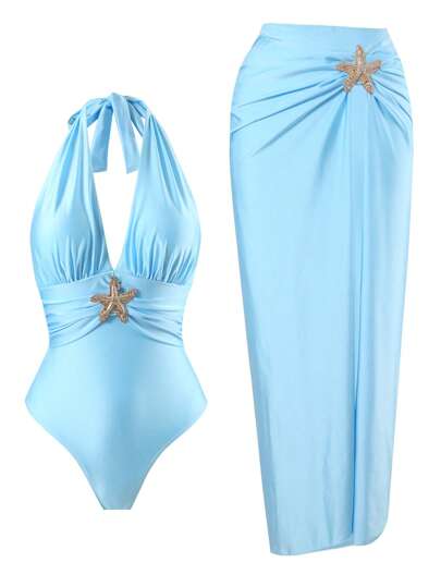 Swim Oasis بيكيني من قطعة واحدة أنيق من قماش لامع أزرق فاتح مزين بنجمة البحر، تنورة شاطئ، موسم الصيف