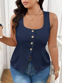 SHEIN Frenchy Blusa sin mangas de talla grande para mujer, de unicolor, con botones decorativos. Blusa de lino, con hebilla decorativa en la parte delantera. Blusa con abertura frontal, simple, elegante, estilo viejo de dinero. Tela natural y cómoda, buena permeabilidad al aire, adecuada para el uso diario y vestimenta de vacaciones.
