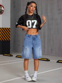 SHEIN ICON Bermuda di jeans cargo con tasche grandi e vita bassa