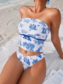 Swim Mod Women's Spring Vacation Ditsy Floral Bandeau Bikini Set For Summer - Blue and White - View 3