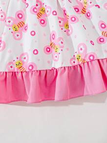 Baby Girls Casual Everyday Bee Print Cap Sleeve Dress, Suitable For Outings Or Comfortable Home Wear, Versatile