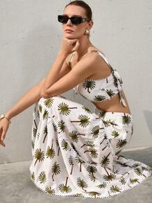 SHEIN Privé 2pcs/Set Women's Elegant Vacation Palm Tree Print Wide Strap Tank Top With Ruffle Hem Flared Skirt Suit - Multicolor - View 6