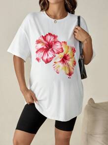 SHEIN Pregnant Women Floral Print Round Neck Drop Shoulder Casual Loose T-Shirt  Maternity Clothes Summer - White - View 7