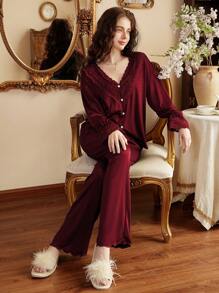 Côtesoire 2pcs/Set Ladies Elegant Lace Trim V-Neck Sleepwear Pajama Set Holiday Season, Fall Winter Clothes - Multicolor - View 1